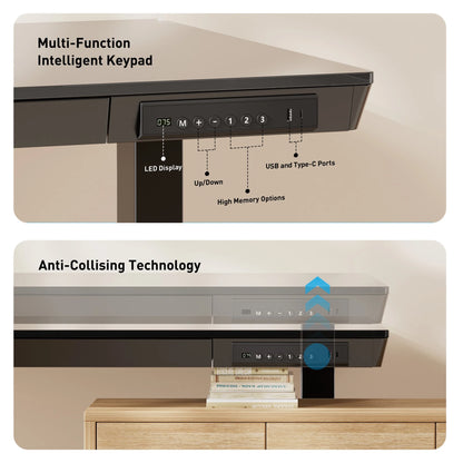 CHITOOMA Glass Top Electric Standing Desk with Drawer, 48'' x 24'' Electric Height Adjustable Desk with USB Charging Ports, Sit Stand up for Home Office