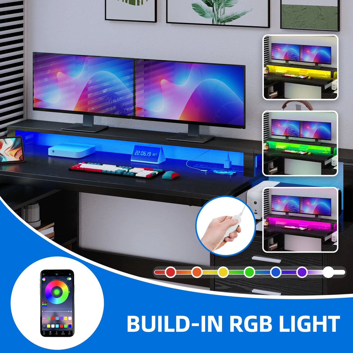 Dextrus 65" L Shaped Desk with Power Outlets and Monitor Stand , Computer Desk with LED Light &File Cabinet, Corner Desk with 3 Drawers & 4 Open Storage Shelves, Modern Home Office Desk, White