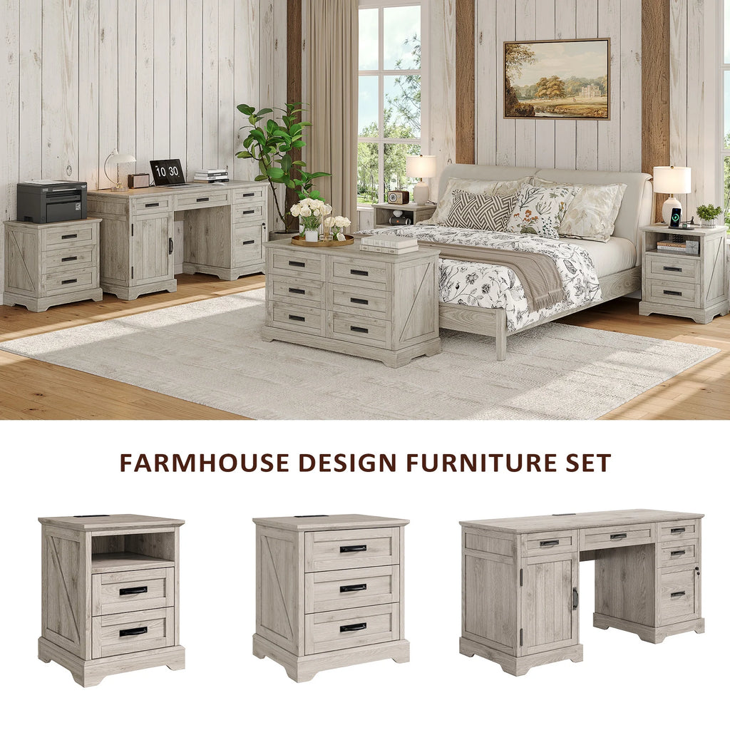 Farmhouse Nightstand Set of 2, 22 inch Side Table with Charging Station for Bedroom, 2PCS, White