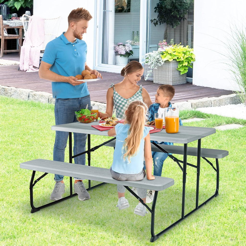 Gymax Folding Picnic Table & Bench Set for Camping BBQ w/ Steel Frame Grey
