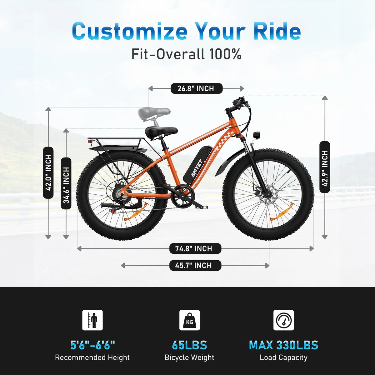AMYET EB26 Electric Bike for Adults, 26*4.0 Fat Tire E-Mountain Bicycle,Peak 1500W Motor 48V 15Ah 7-Speed Ebike UL2849
