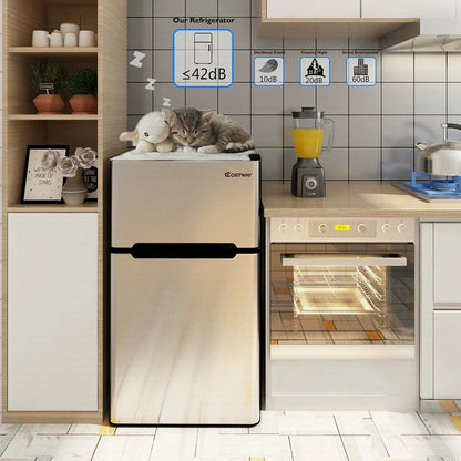 Costway Refrigerator Small Freezer Cooler Fridge Compact 3.2 cu ft. Unit, Grey