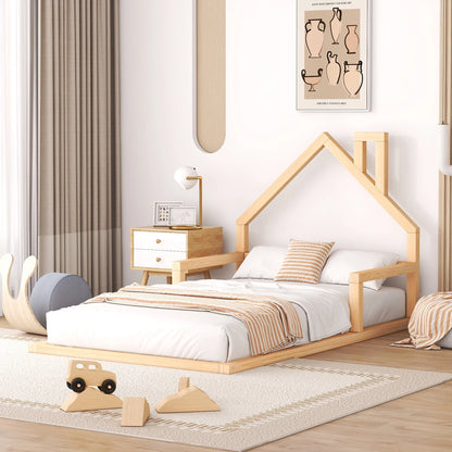 Euroco Twin Size Wood Floor Bed for Kids Room, Toddler House Bed, Natural