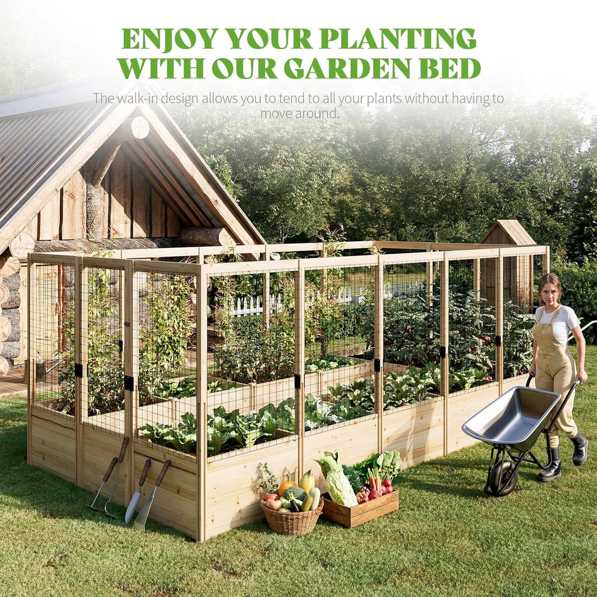 Jocisland Wooden Raised Garden Bed for Outdoor, Deep Large Planter Box with Netting for Gardening, Vegetables, Herbs��8��9��6 ft��