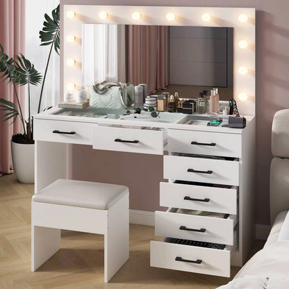 Ktaxon Large Makeup Vanity, Vanity Table Set w/ Visible Glass Top w/ Charging Station, White