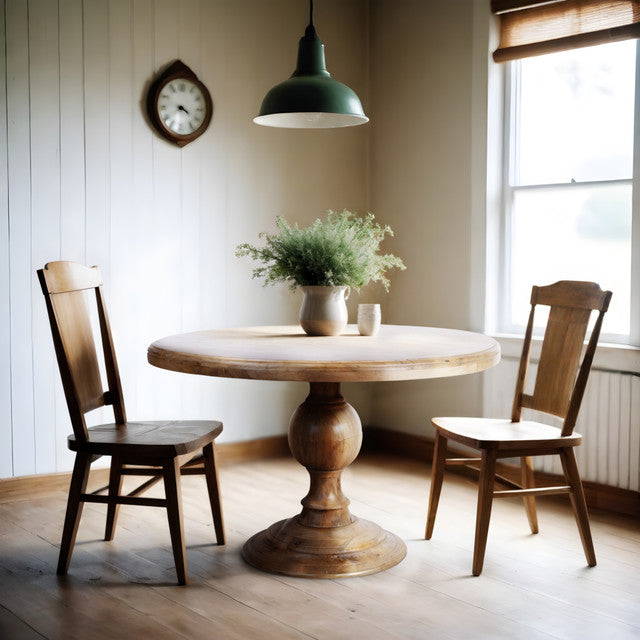 Mango Wood Round Dining Table - Pedestal Base - Mango Teak Finish - 48"Dia. x 30"H