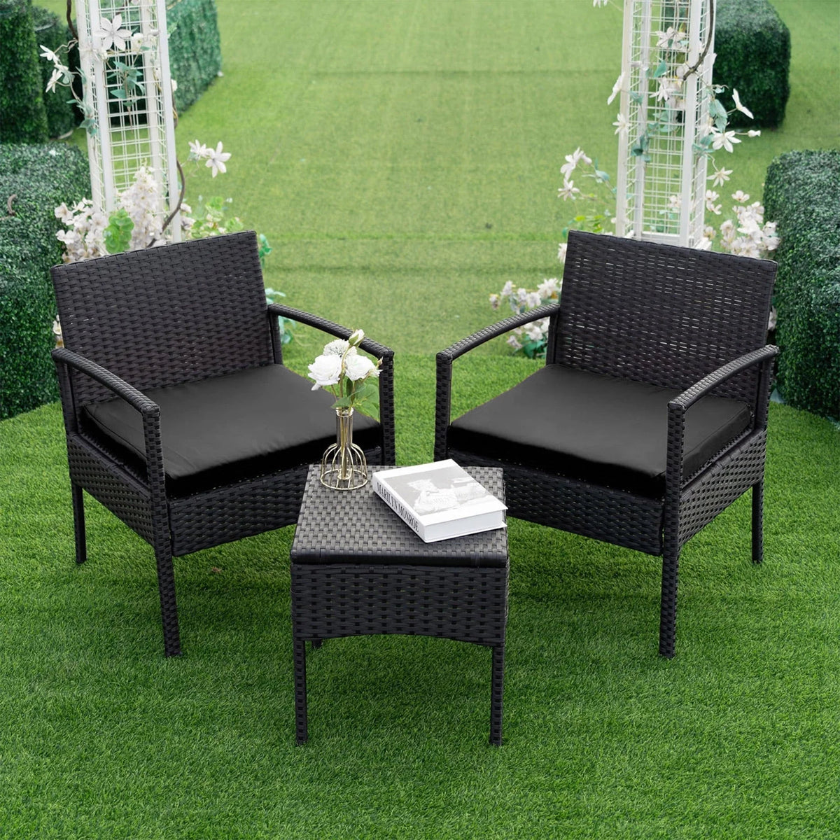 Tappio Outdoor Furniture 3 Piece Patio Bistro Furniture Set, Rattan Conversation Chairs Set with Side Table and Cushions, Patio Furniture Sets for Balcony Garden Porch, Red