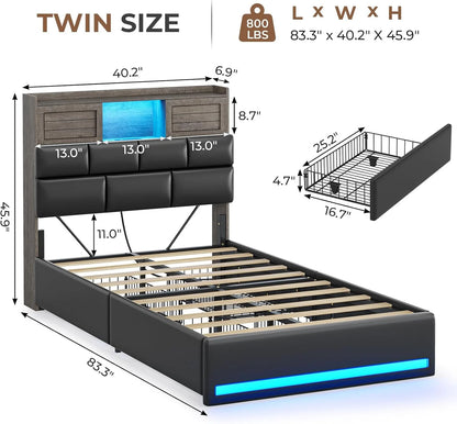Twin Bed Frame with Bookcase Headboard and Storage, Barn Doors Twin Size Upholstered Beds with 4 Under Bed Storage Drawers & Charging Station & LED Lights, Grey