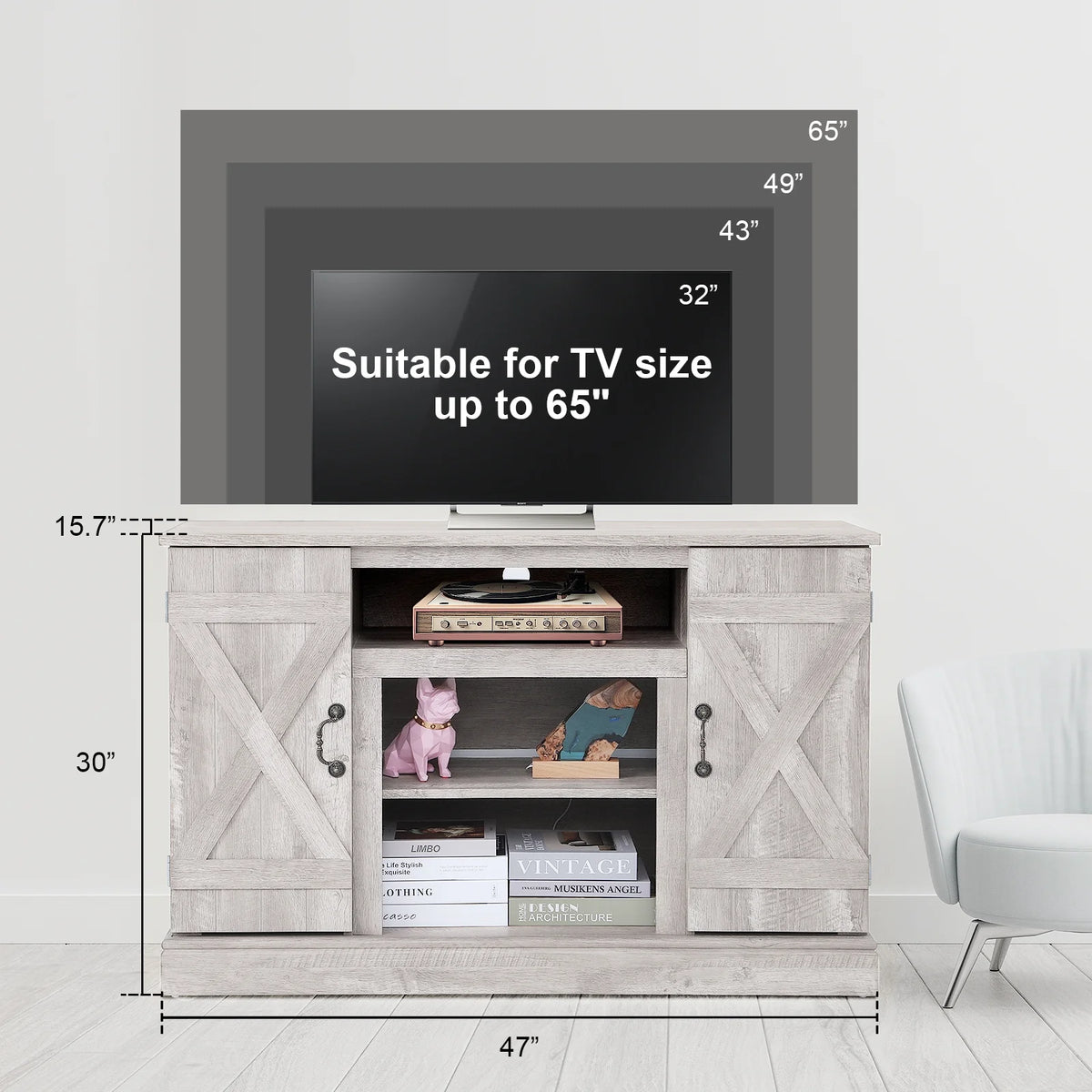TV Stand for 65 Inch TV, Entertainment Center with Two Glass Barn Doors and Storage Cabinet Table, Farmhouse Style Media Console Table for Living Room(Coffee)