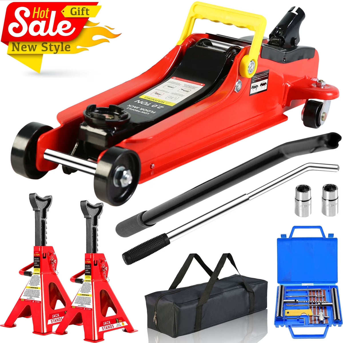 POVANLI Floor Jack, 2 Ton Low Profile Floor Jack, 3t jack stand Tire Repair Kit Heavy Duty Steel Racing Floor Jack with Single Piston Quick Lift Pump, Floor Jack Lifting Range 3.3"-15.2"