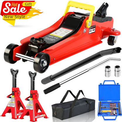 POVANLI Floor Jack, 2 Ton Low Profile Floor Jack, 3t jack stand Tire Repair Kit Heavy Duty Steel Racing Floor Jack with Single Piston Quick Lift Pump, Floor Jack Lifting Range 3.3"-15.2"