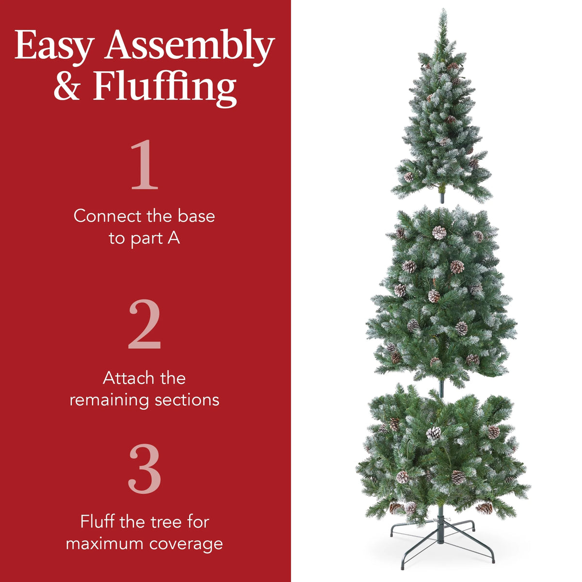 Best Choice Products 6ft Pre-Lit Partially Flocked Pencil Christmas Tree w/ 250 Lights, Pine Cones, Foldable Stand