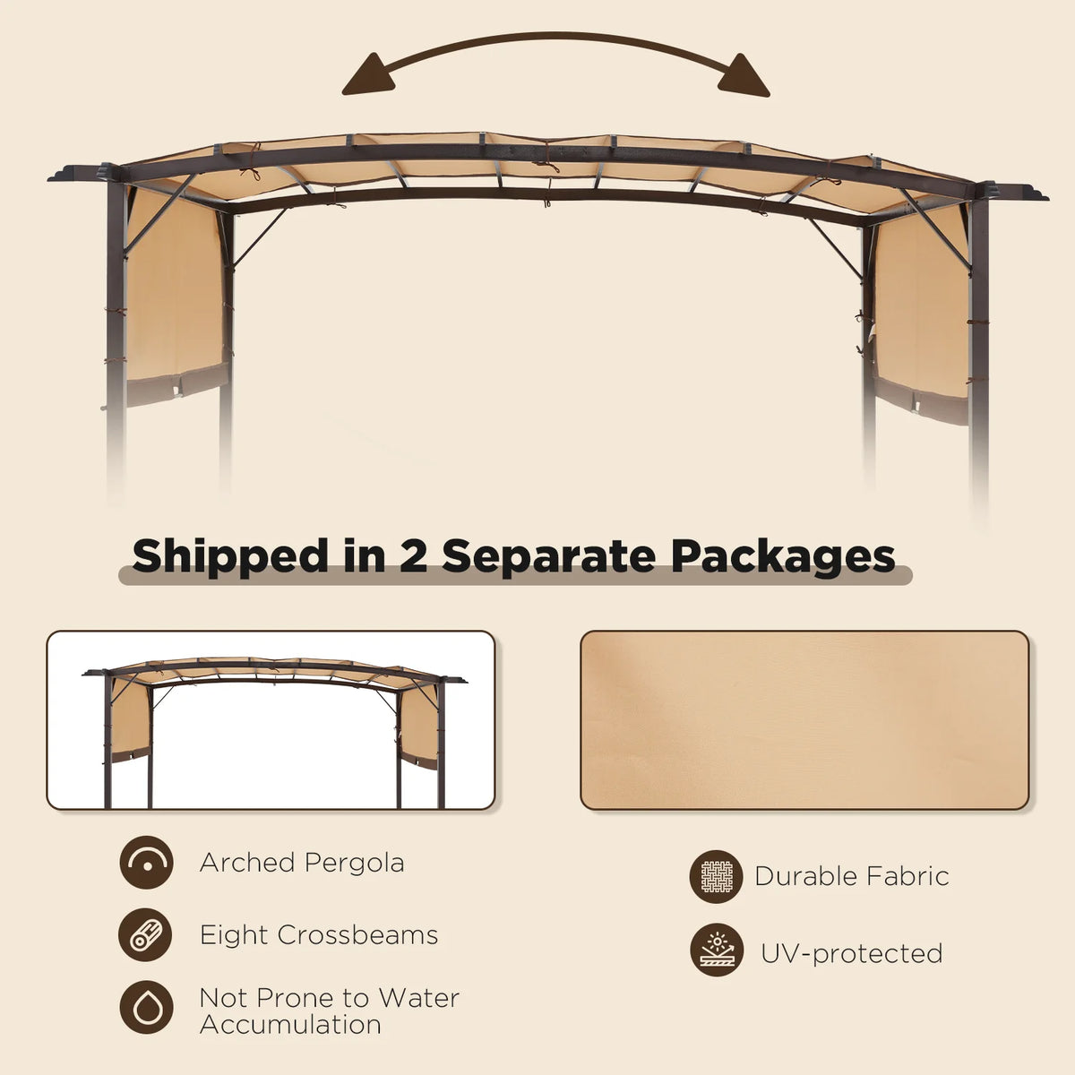 AECOJOY 12�?X 9�?Outdoor Retractable Steel Pergola Canopy with Adjustable Shade-Beige