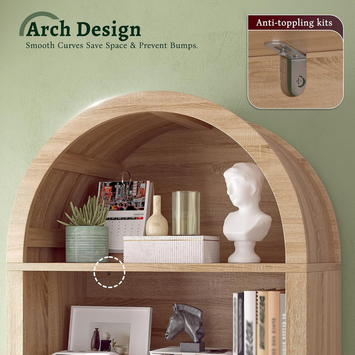 Bookshelf Arched Cabinet,5-Tier Arched Bookcase with Doors and Adjustable Shelves,Wooden Storage Cabinet with Open Display Shelf for Office,Living Room��Light Oak
