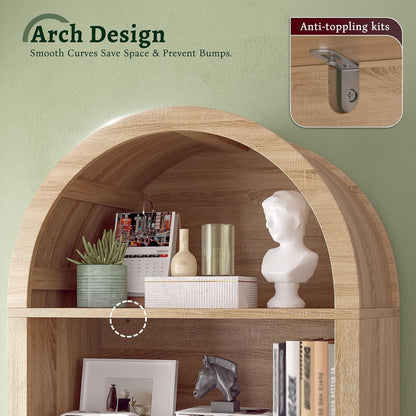 Bookshelf Arched Cabinet,5-Tier Arched Bookcase with Doors and Adjustable Shelves,Wooden Storage Cabinet with Open Display Shelf for Office,Living Room��Light Oak