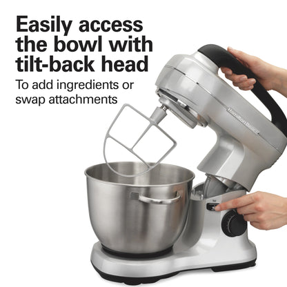 Hamilton Beach 4 Quart Stand Mixer for Kitchen, 7 Speeds, Tilt-Head, Dough Hook, Whisk & Flat Beater, Black