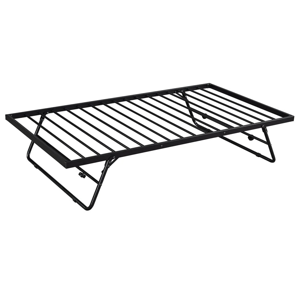 Full Size Daybed with Twin Size Adjustable Trundle, Sturdy Steel Daybed Frame with Portable Folding Trundle, Extendable Sofa Bed for Kids Teens Adults, Living Room Bedroom Dual-use Daybed, Black