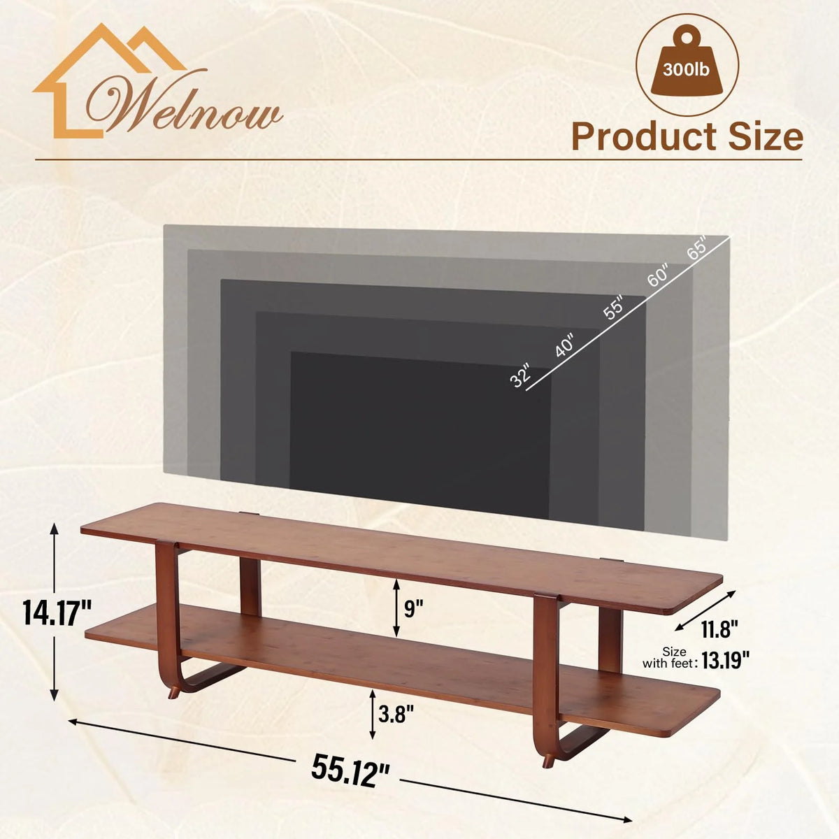 Bamboo TV Stand for Up to 65 Inch, Mid Century Modern Entertainment Center with 2-Tier Open Shelves, Storage Media Console Table for Living Room, Bedroom, Walnut