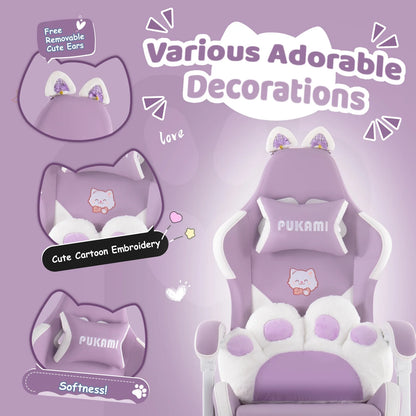 Waleaf Pink Gaming Chair with Cat Paw Lumbar Cushion and Cat Ears for Girls, Reclining Office Computer Chair with Footrest for Adults, Teens