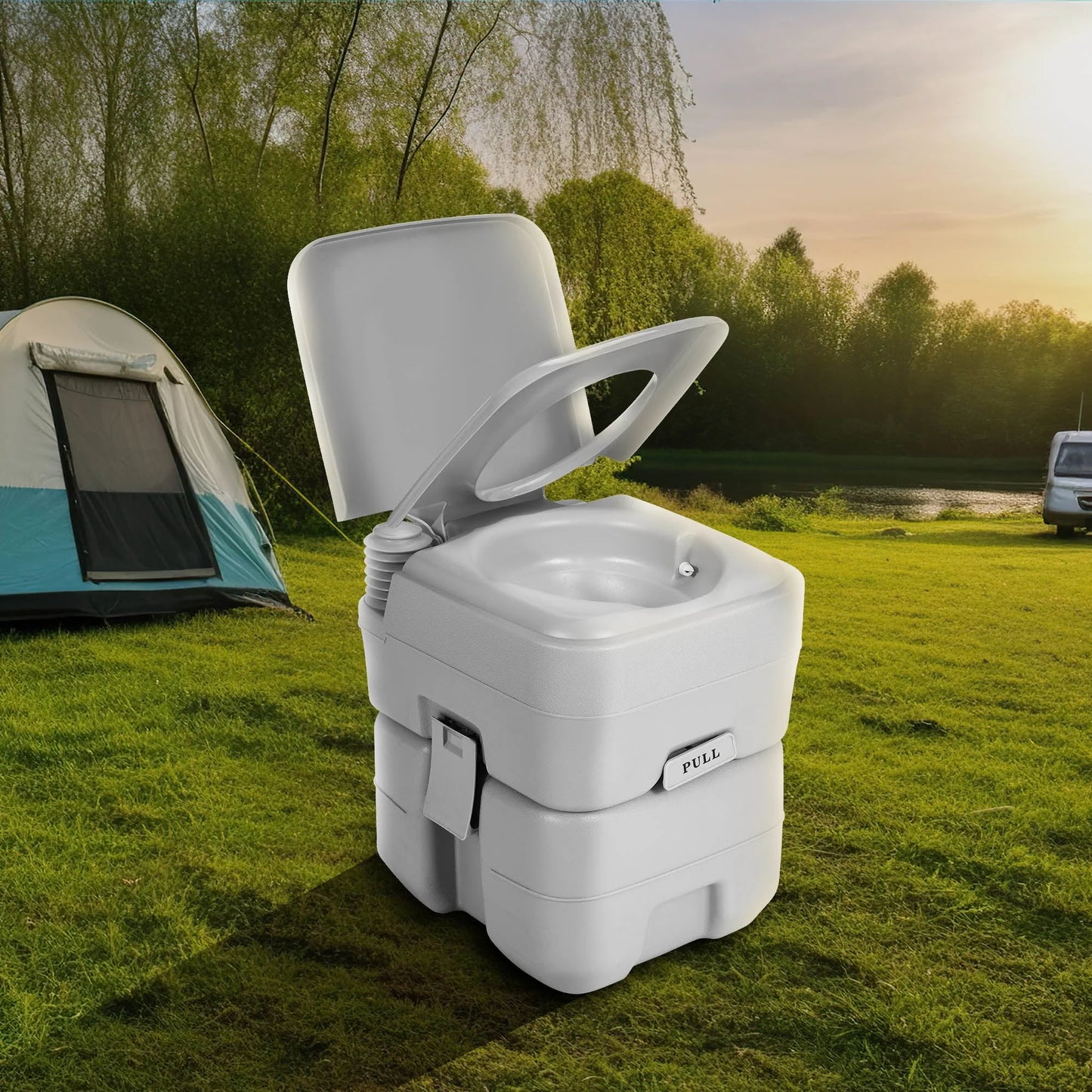 Dextrus 5.3 Gallon Portable Toilet With Detachable Tank, Double Outlet Water Spout, Press Flush Pump, Travel RV Potty for Camping, Boating, Hiking, Trips, White&Gray