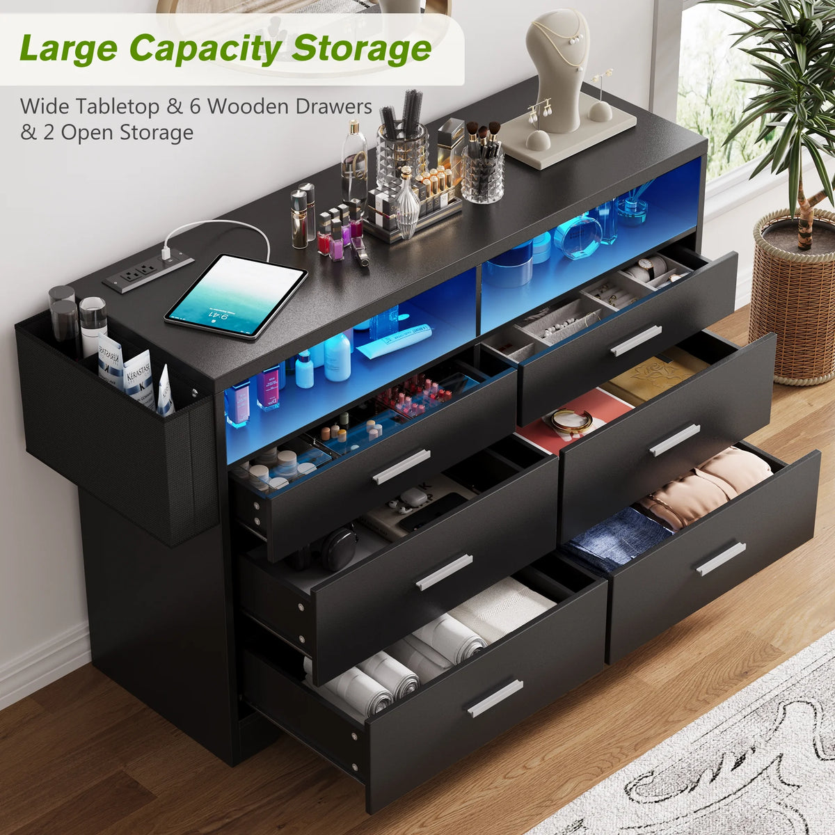 White Dresser for Bedroom,6 Drawers Dresserwith LED Lights and Charging Station, 47" Wide Bedroom Dresser Chest of Drawers Storage Organizer TV Stand for up to 55" TV for Living Room