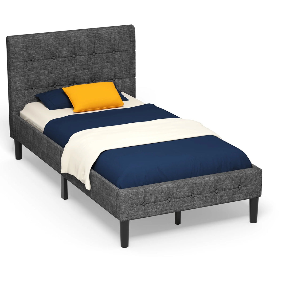 Costway Twin Upholstered Bed Frame Button Tufted Headboard Mattress Foundation Grey