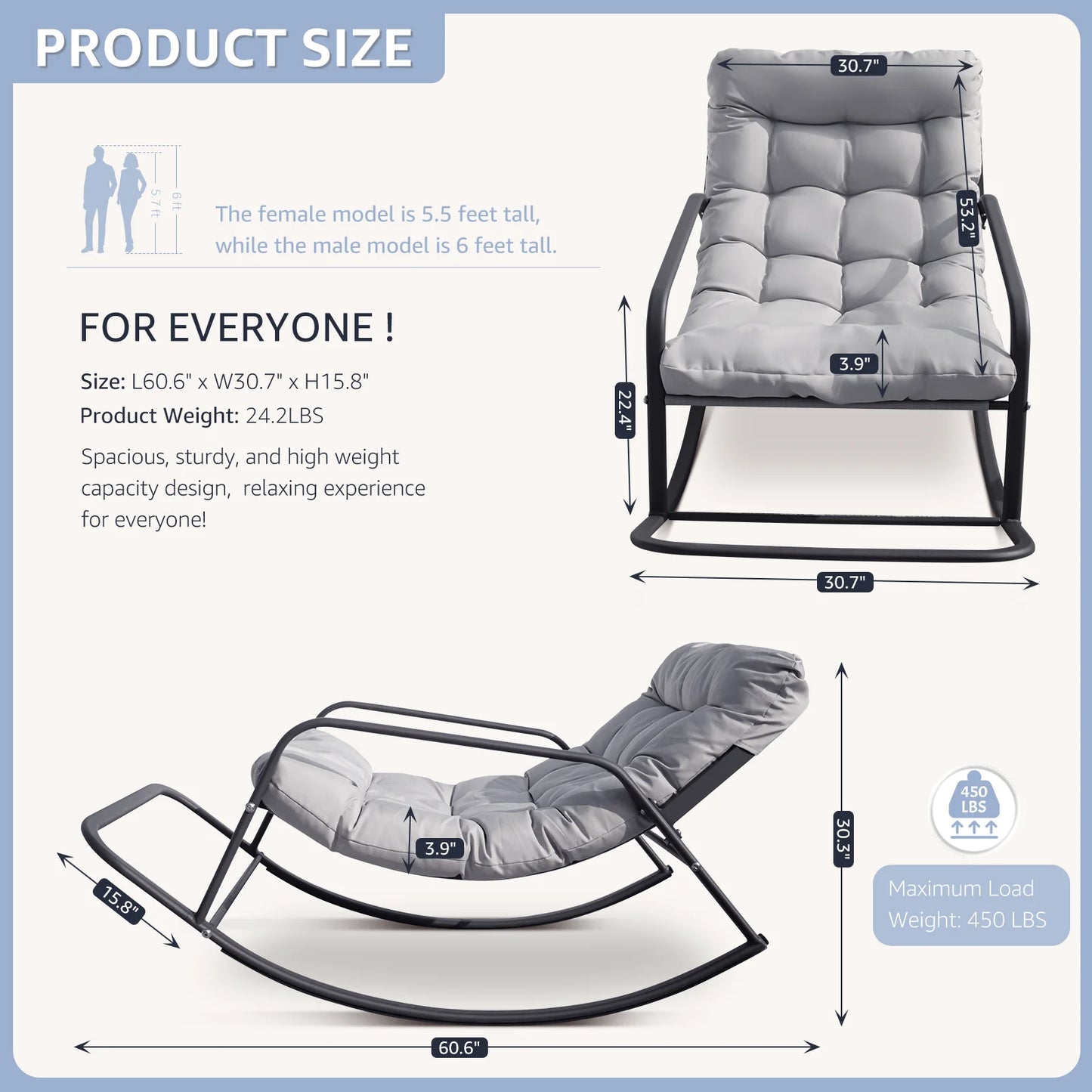 RADIATA Oversized Rocking Chair with Footrest, RADIATA Patio Papasan Rocking Recliner for Indoor Outdoor Use, Heavy Duty Wicker Lounge Chair, 450lbs, Beige