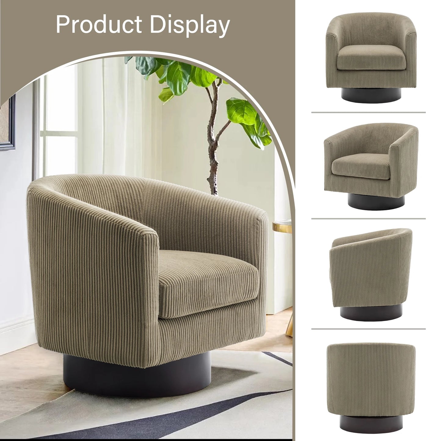 UIXE Swivel Accent Chair, Upholstered Fabric Barrel Chair for Living Room, Small Single Sofa Bedroom Reading Seat, Light Gray