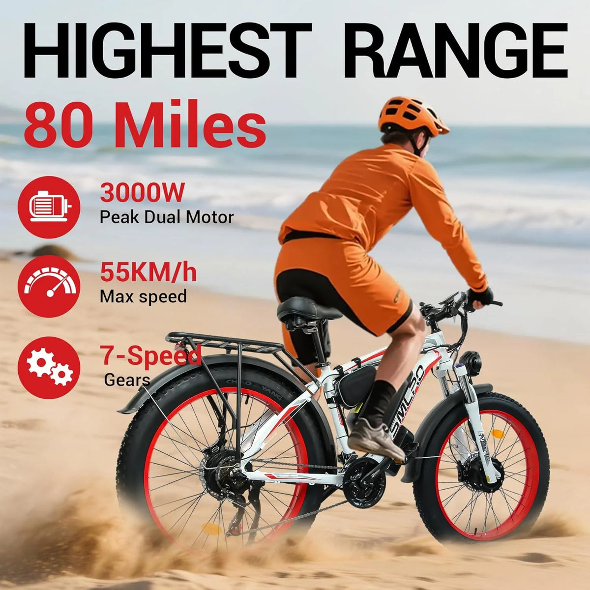 3000W Peak Dual Motor Ebike, 52V 30AH Battery Electric Bike for Adults, 7-Speed 40MPH AWD Ebike Mountain Snow E-Bike with 26" x 4.0 Fat Tire MTB Hydraulic Disc Brake  for Off-Road Snow