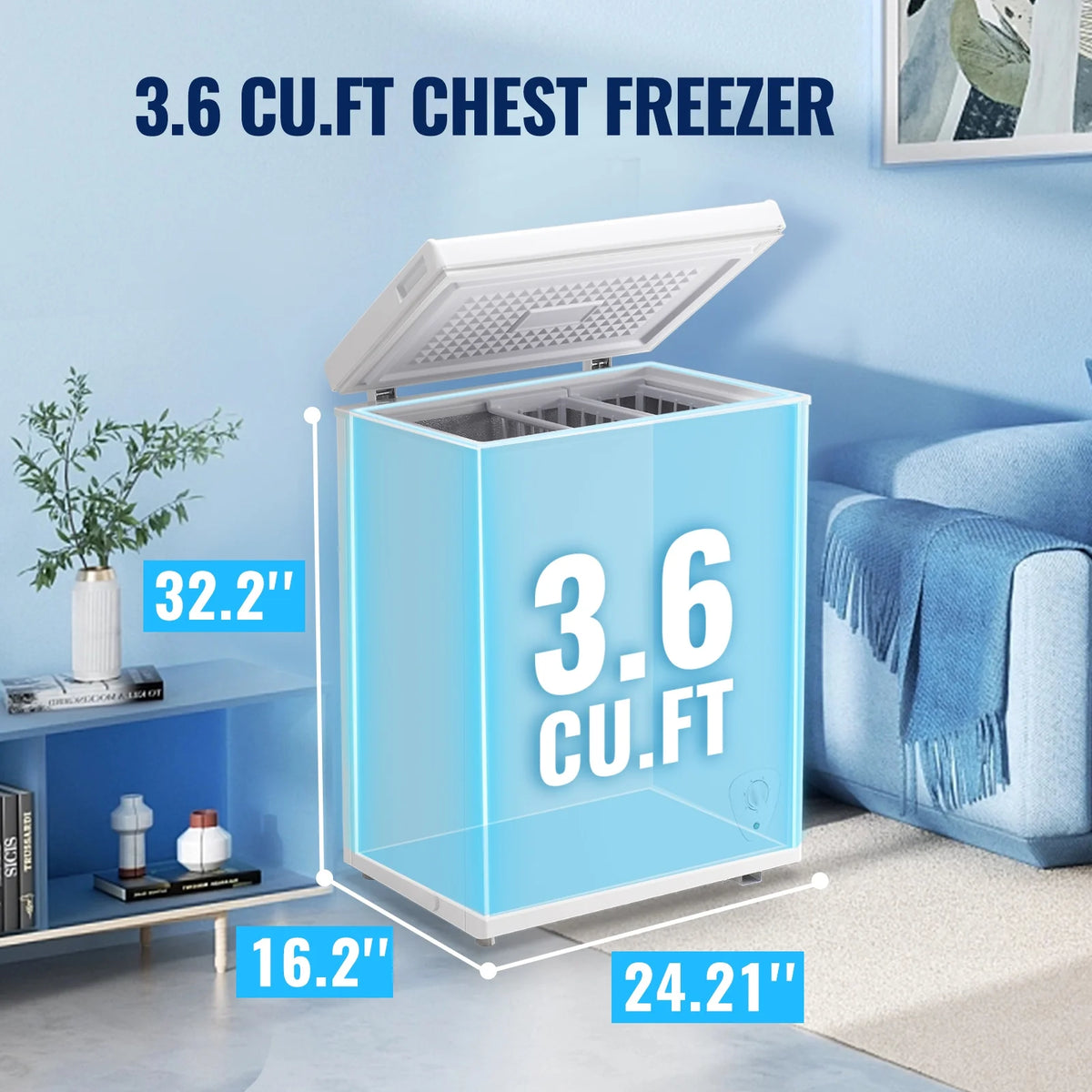 3.6 Cu.ft Chest Mini Freezer with Wheels Deep Freezer for Bulk Storage Top Open Door 2 Removable Baskets 7 Modes Temperature for Home Apartment Kitchen Black