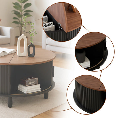 RUMLIVE Round Coffee Table with Storage, 30.7" Modern Coffee Table with 360�� Curved Sliding Door, Fluted Wood Coffee Table with Footpads, Round Center Table for Living Room, Black