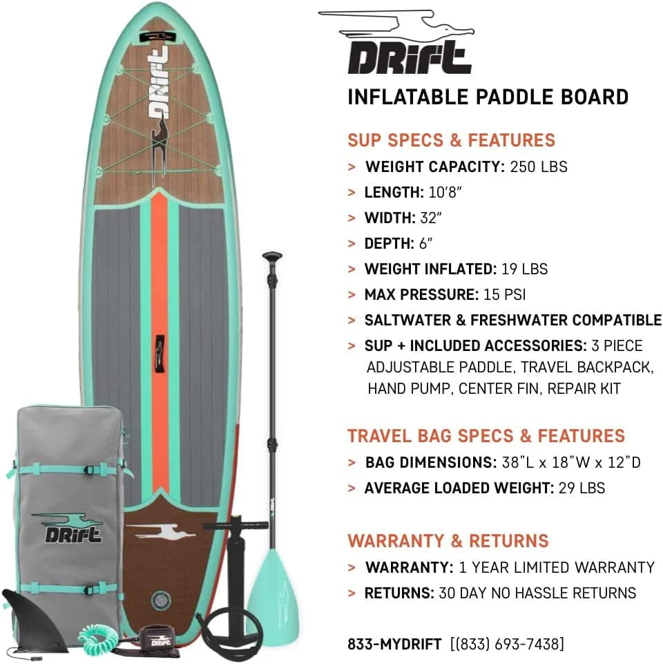 Drift Aero Inflatable Stand Up Paddle Board - SUP Paddle Board & Accessories, Including Pump, Paddle, and More - Classic Woodgrain, Adult, 10'8"