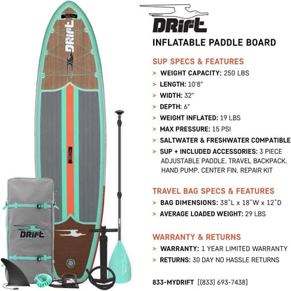 Drift Aero Inflatable Stand Up Paddle Board - SUP Paddle Board & Accessories, Including Pump, Paddle, and More - Classic Woodgrain, Adult, 10'8"