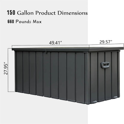 150 Gallon Outdoor Waterproof Storage Deck Box with Portable Side Handles and Moving Roller, Large Patio Storage Lockable for Outside Cushions, Throw Pillows, Garden Tools, Dark Gray