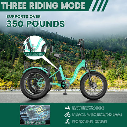 20" x 4" Fat Tire Electric Tricycle for Adult, 7 Speeds Electric Trike 48V 500W Motorized Tricycle , Electric Three Wheels Bicycle for Senior, Aluminum Frame & Rear Basket ,16mph