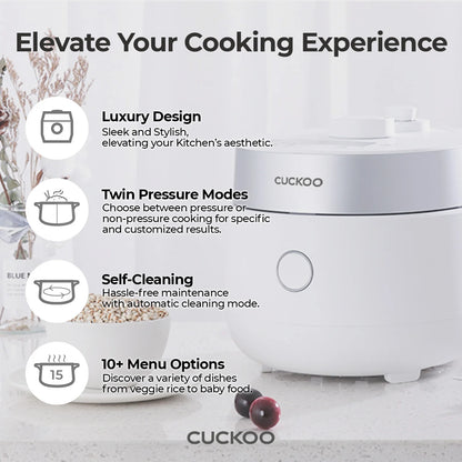 CUCKOO 3-Cup Induction Heating Twin Pressure Rice Cooker, Nonstick Pot, 15 Cooking Modes, Voice Guide