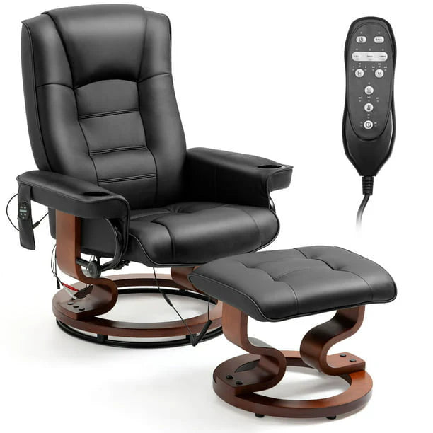 AVAWING Recliner Chair - Vibration Massage, Faux Leather, Ottoman, Swivel - Black