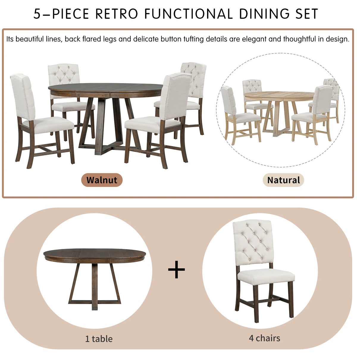 Harper & Bright Designs Round Extendable Dining Table Set for 4, 5 Piece Farmhouse Wood Dining Table Set with 4 Upholstered Dining Chairs, Natural Wood Wash