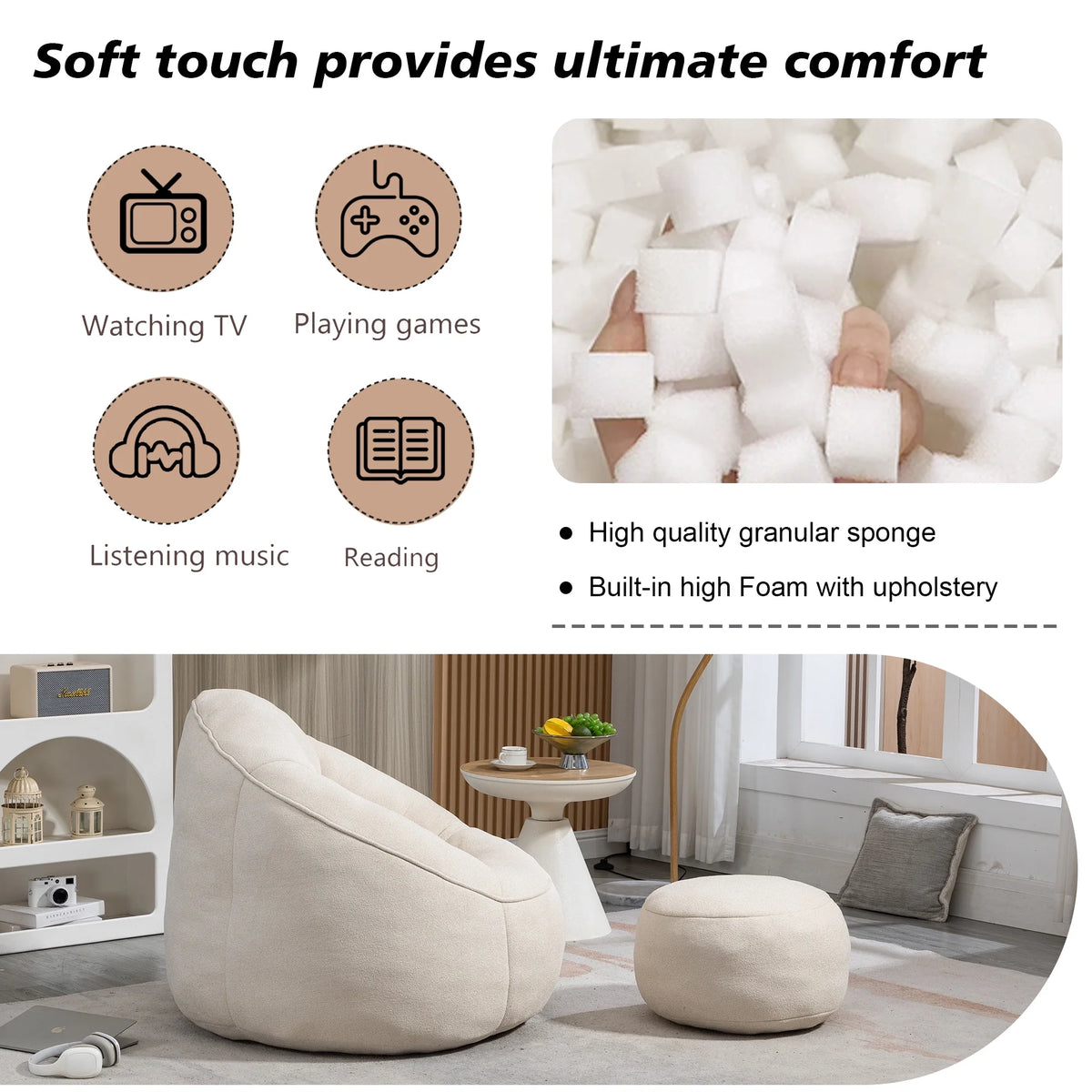 MOONMISS Microfiber Upholstered High Pressure Foam Round Lazy Bean Bag Sofa Chair with Ottoman-Gray