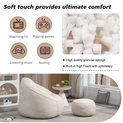 MOONMISS Microfiber Upholstered High Pressure Foam Round Lazy Bean Bag Sofa Chair with Ottoman-Gray