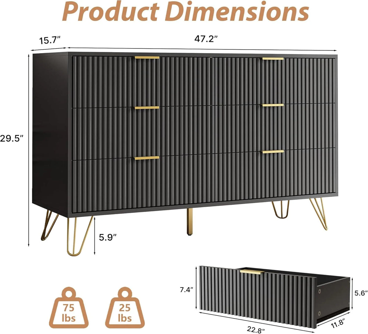 FURNIWAY White 6 Drawer Dresser for Bedroom, Modern Dresser with Gold Metal Handles,Fluted Wood TV Stand for Living Room, Hallway