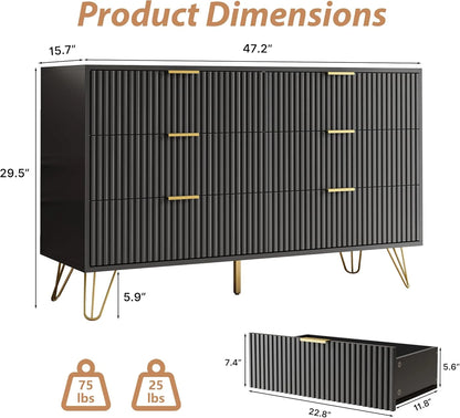 FURNIWAY White 6 Drawer Dresser for Bedroom, Modern Dresser with Gold Metal Handles,Fluted Wood TV Stand for Living Room, Hallway