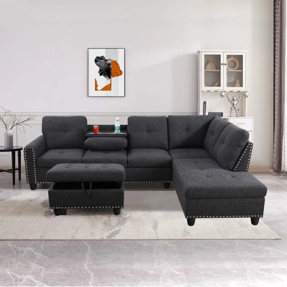 Aukfa 3 Piece Sectional Sofa, Living Room Couch with Storage Ottoman&Cup Holder, Linen, Right Hand, Purple