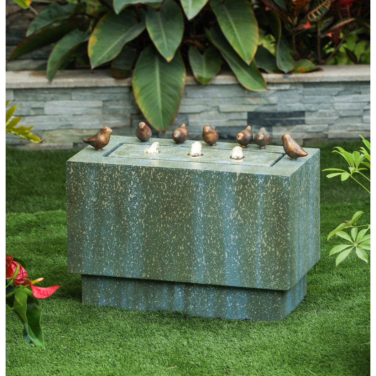 LuxenHome 24 Inch Outdoor Water Fountain, Resin Stone and Patina Rectangular Water Fountains Outdoor and Indoor with LED Lights