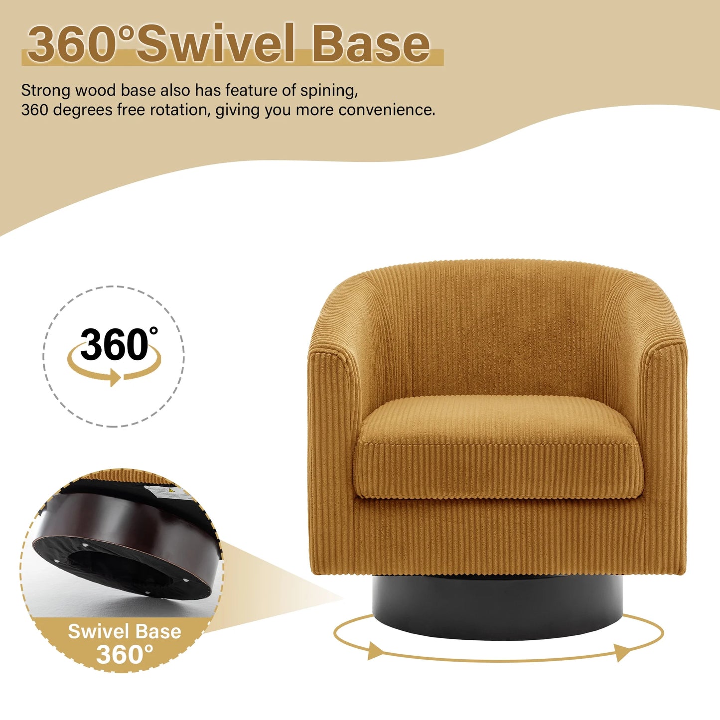 UIXE Swivel Accent Chair, Upholstered Fabric Barrel Chair for Living Room, Small Single Sofa Bedroom Reading Seat, Light Gray