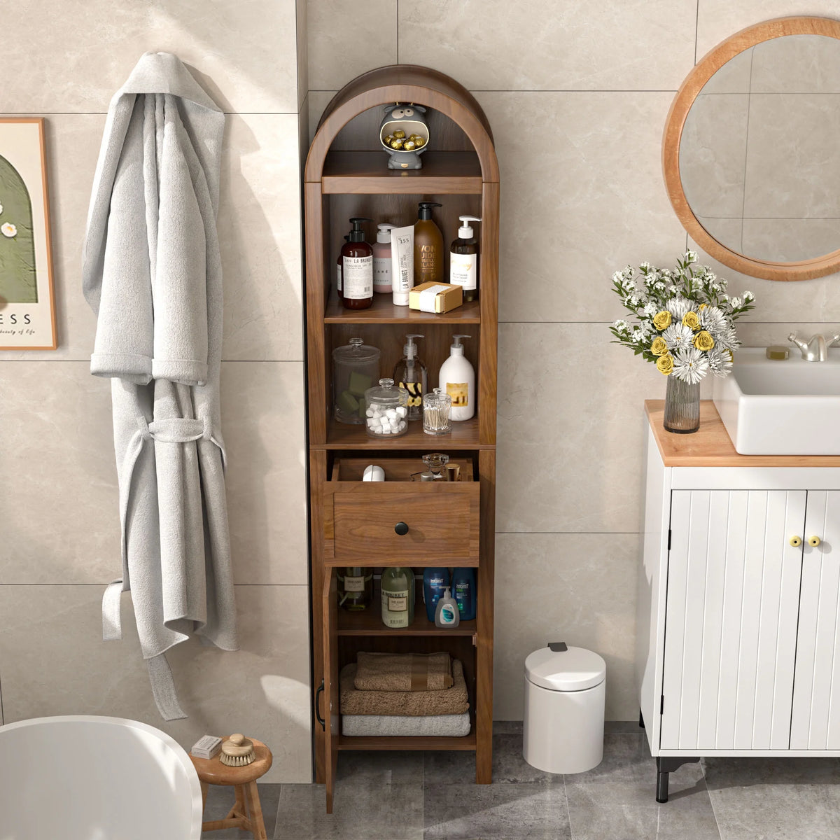 Fiogmub Tall Bathroom Storage Cabinets with Doors and Shelves, Narrow Tall Linen Cabinet with Drawer