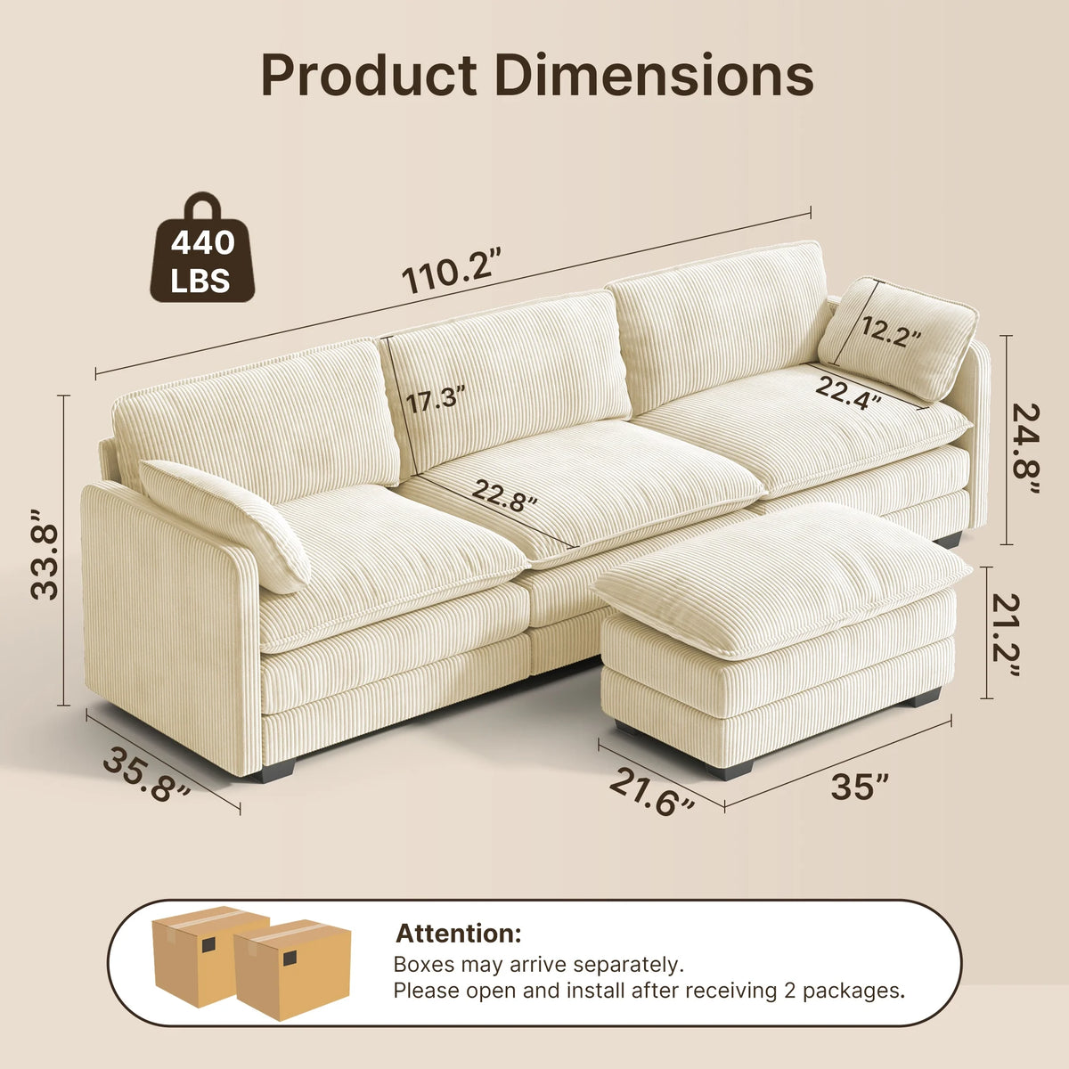 Lofka 110�� Modular Sectional Sofa Bed with Double Layer Cushions and Movable Ottoman, Modern Comfy Cloud Couch for Living Room, DIY Combination, Green