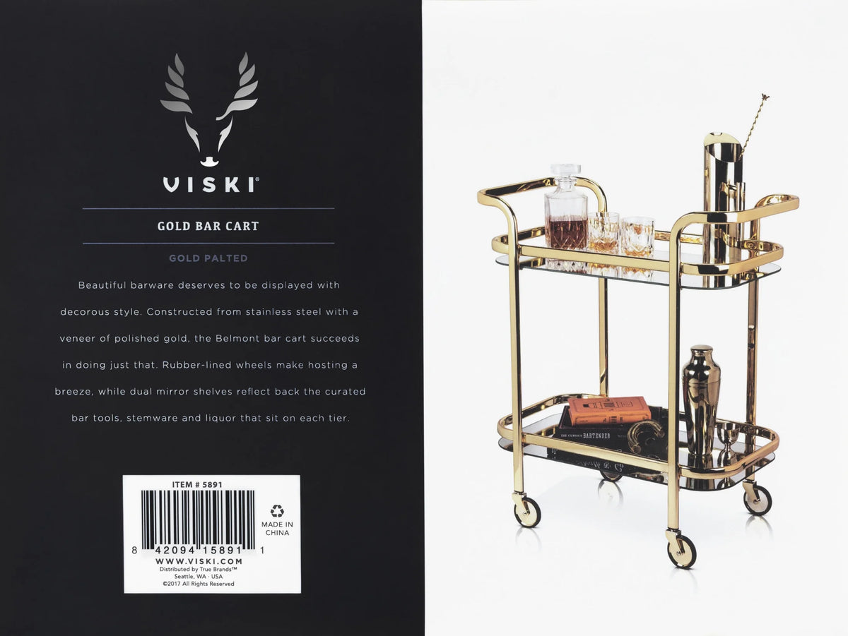Viski Stainless Steel Bar Cart with Wheels, Mirror Shelves, Home Bar, Gold