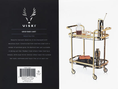 Viski Stainless Steel Bar Cart with Wheels, Mirror Shelves, Home Bar, Gold