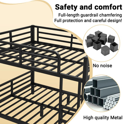 Miniyam Full over Full Metal Bunk Bed Frame with Dual Guardrails and Ladders, Heavy-Duty Quiet Design, Black